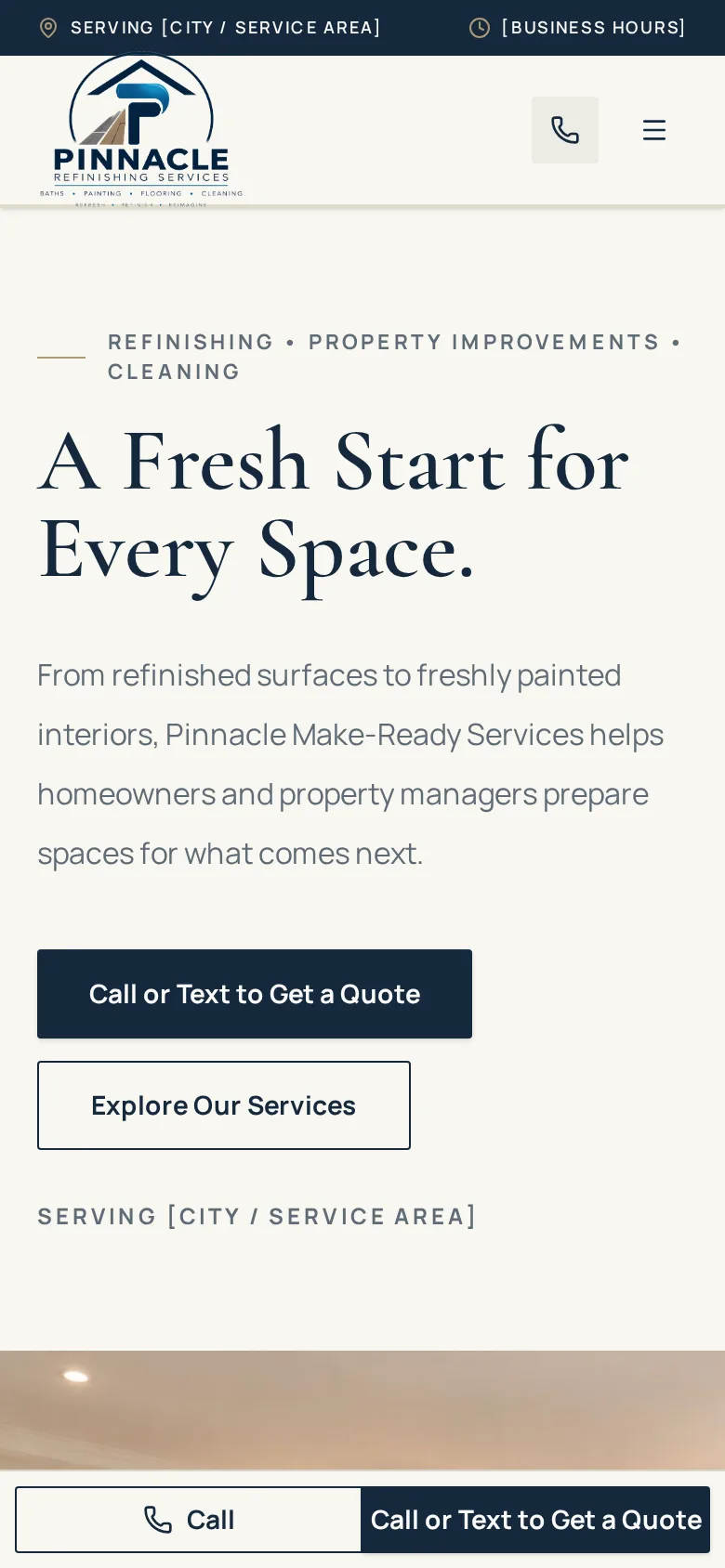 Pinnacle Make-Ready Services website shown on a mobile phone