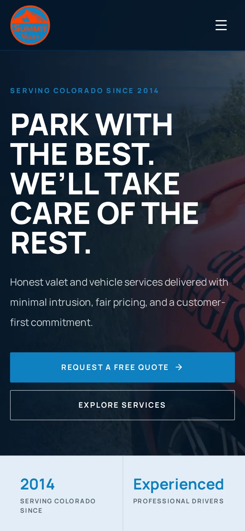Summit Valet Parking website shown on a phone, with quote and service buttons