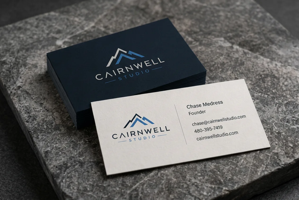 Cairnwell Studio business cards on a dark surface