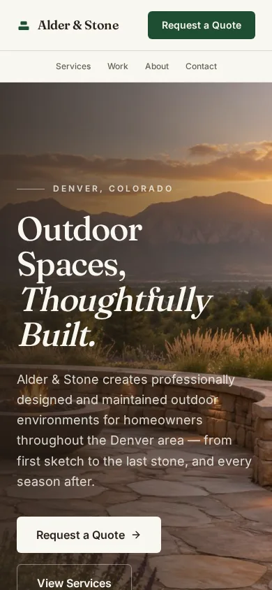 Alder & Stone Landscaping website shown on a mobile phone