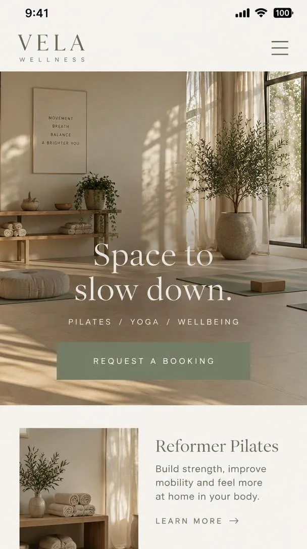 Illustrative branded cover for Vela Wellness Collective, a fictional Cairnwell concept build (illustrative concept cover, not a screenshot of a live site)