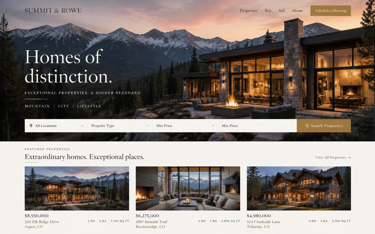 Illustrative branded cover for Summit & Rowe Realty, a fictional Cairnwell concept build (illustrative concept cover, not a screenshot of a live site)